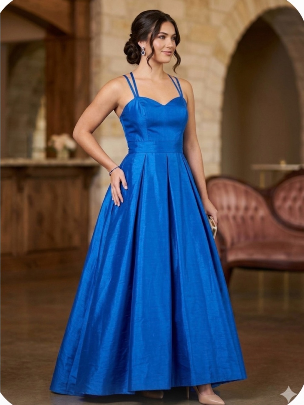 Bebe Taffeta A line royal Blue Gown Spaghetti strp